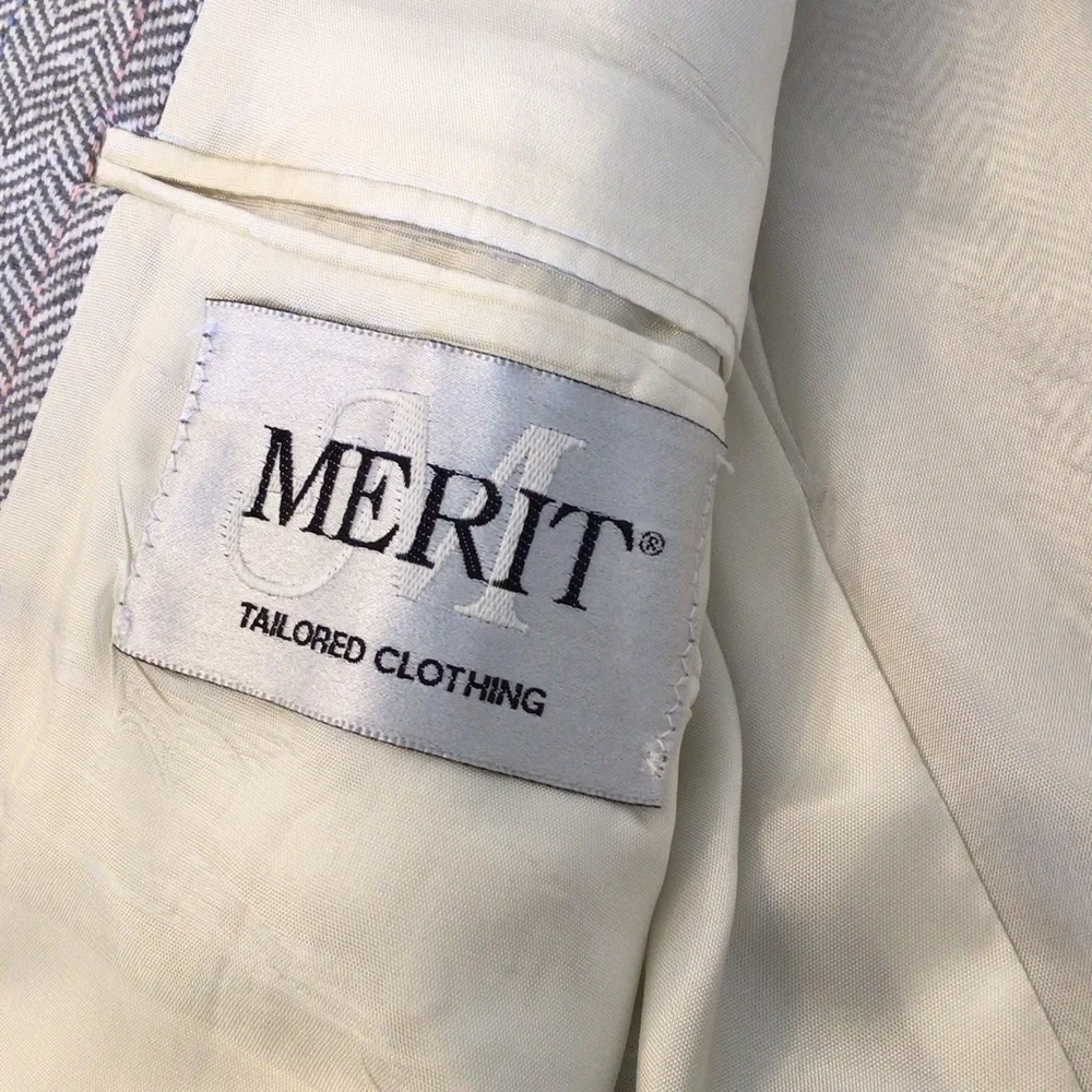 Merit Mens Gray Herringbone Stripe Matka Silk Blazer Suit Sport Jacket Size 44R